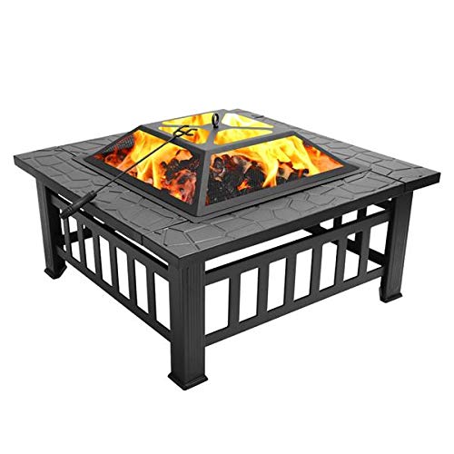 32in Square Steel Wood Fire Pit Table with Cover K4109