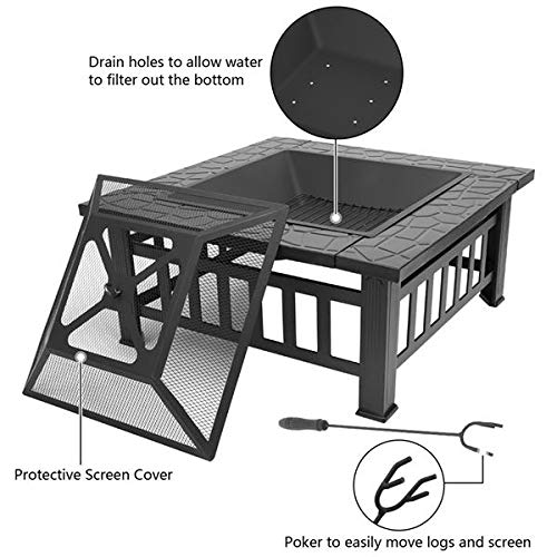 32in Square Steel Wood Fire Pit Table with Cover K4109