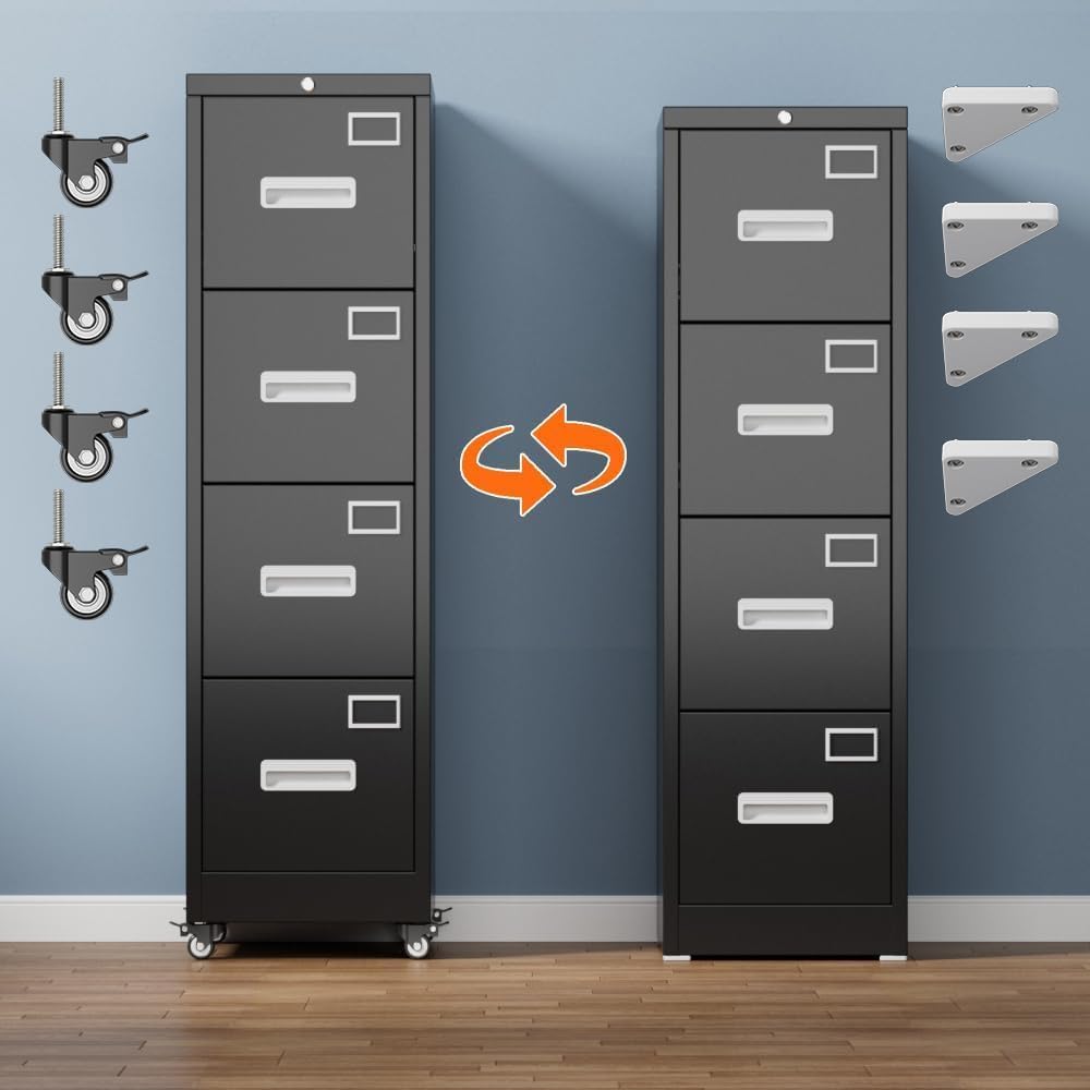 4 Drawer Black Metal File Cabinet with Lock and Wheels G620655