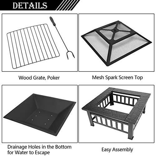 32in Square Steel Wood Fire Pit Table with Cover K4109