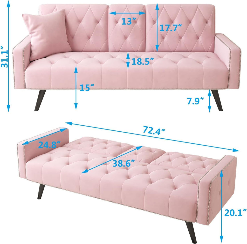 Pink Velvet Futon Couch Bed with Cup Holder T7158