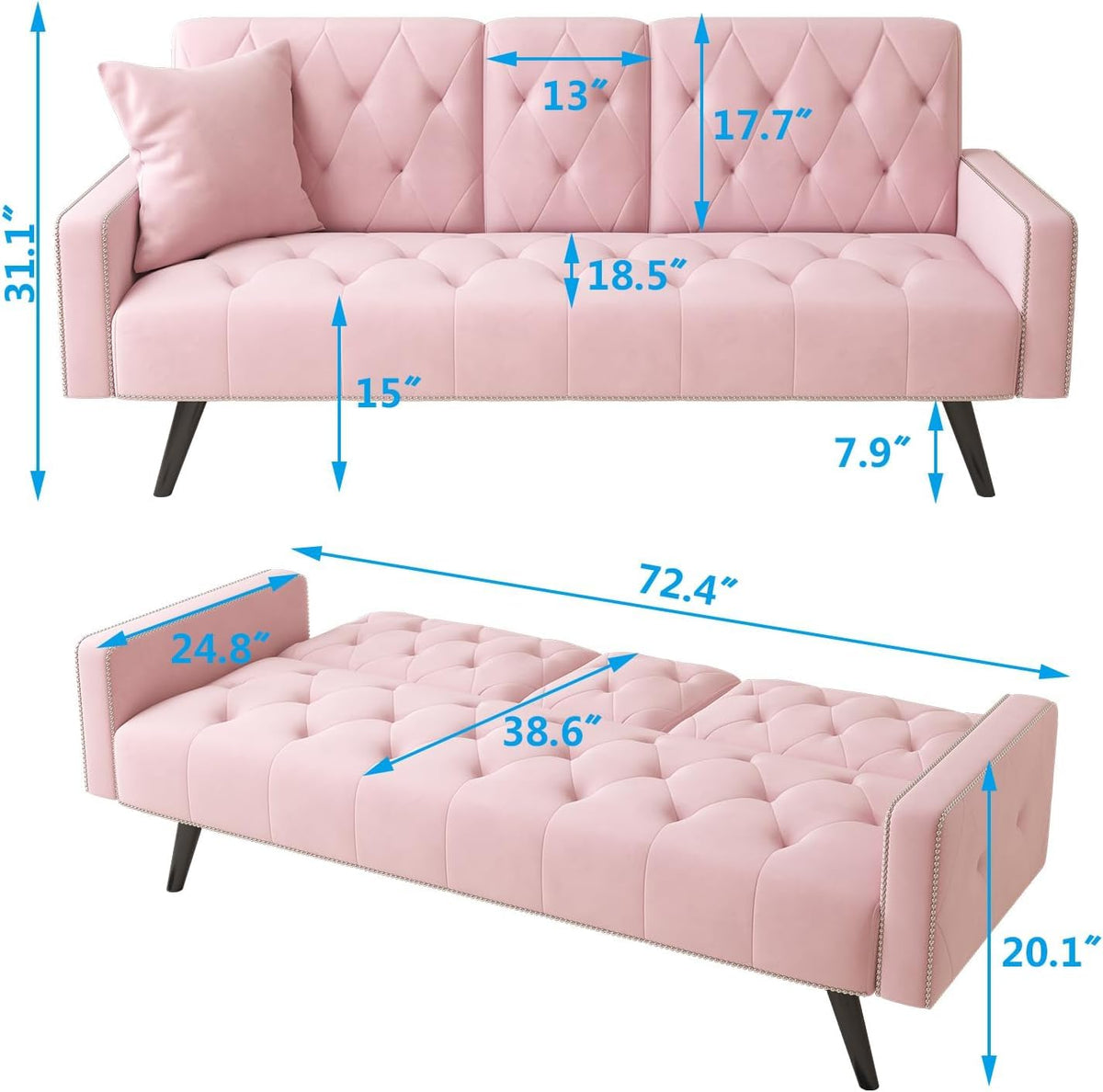 Pink Velvet Futon Couch Bed with Cup Holder T7158