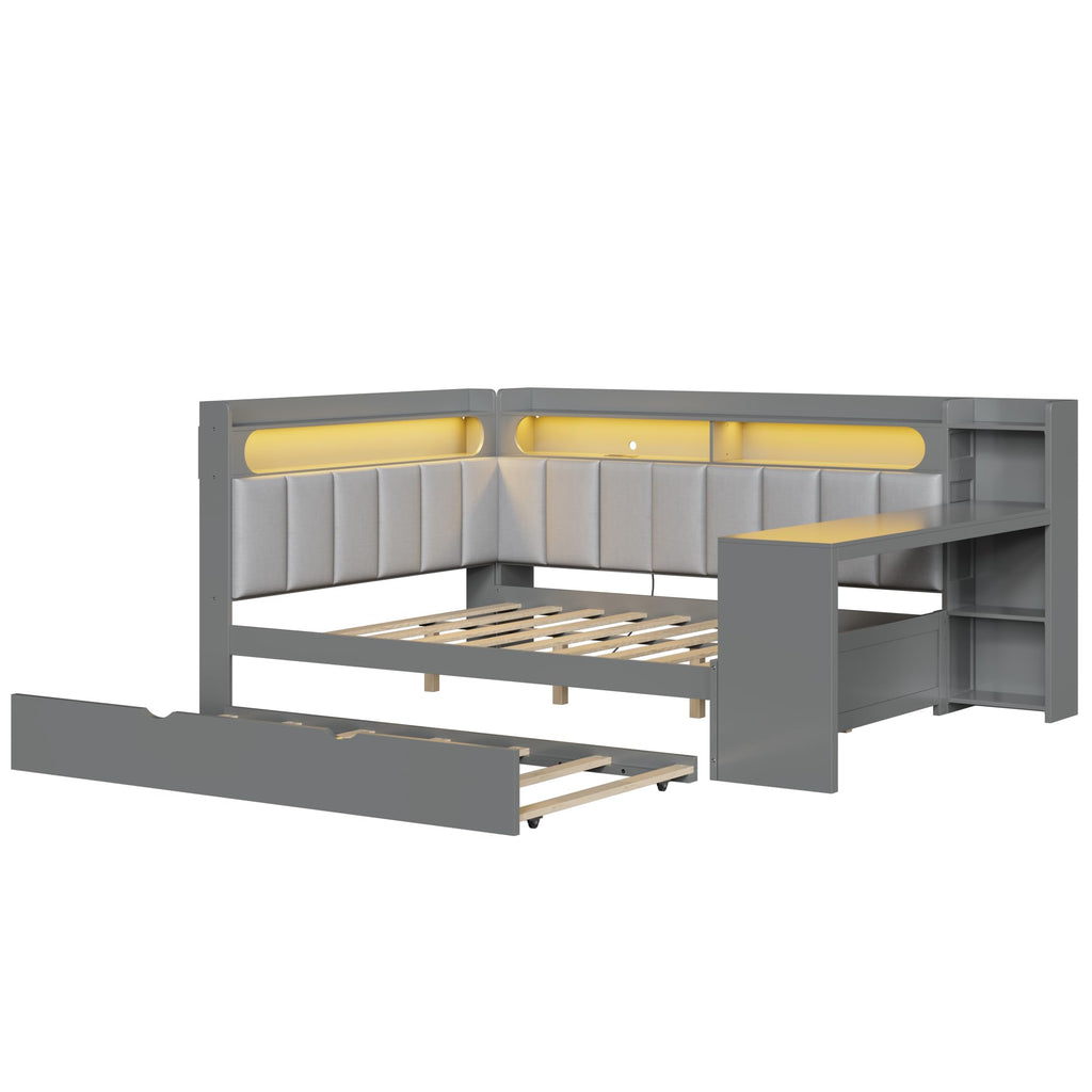 Grey Full Size L-Shaped Corner Bed with Trundle and Desk R53895