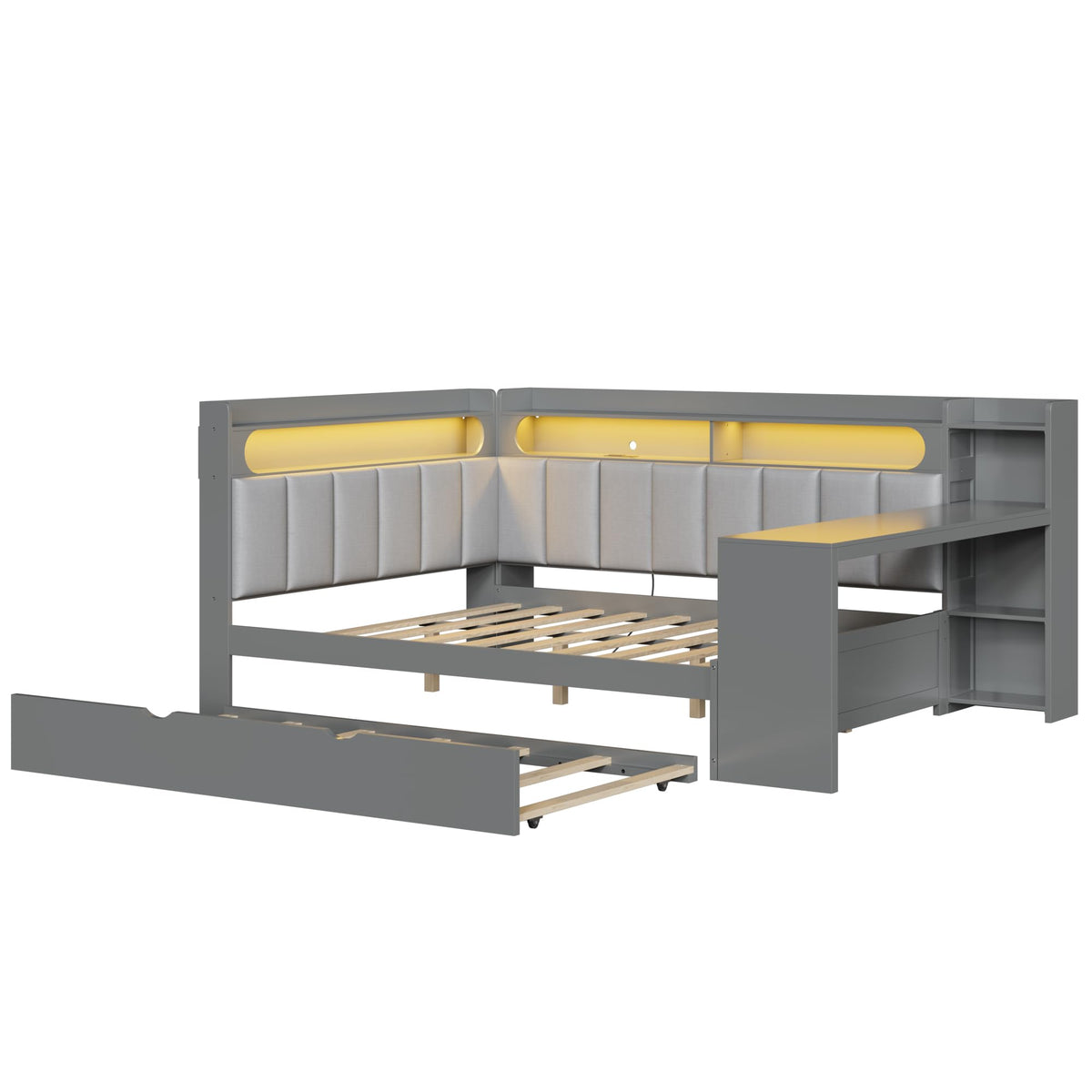 Grey Full Size L-Shaped Corner Bed with Trundle and Desk R53895