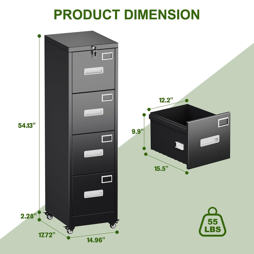 4 Drawer Black Metal File Cabinet with Lock and Wheels G620655