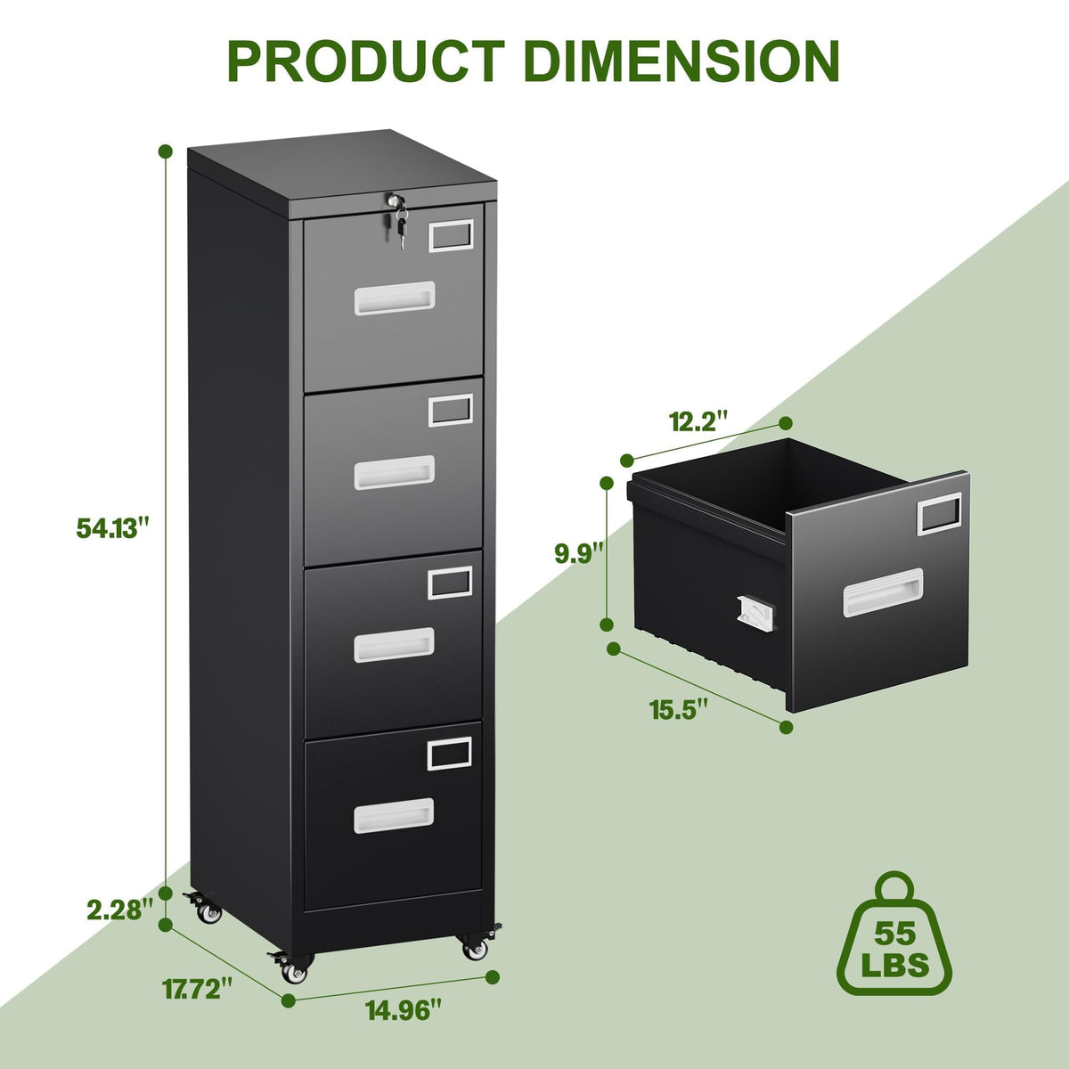 4 Drawer Black Metal File Cabinet with Lock and Wheels G620655