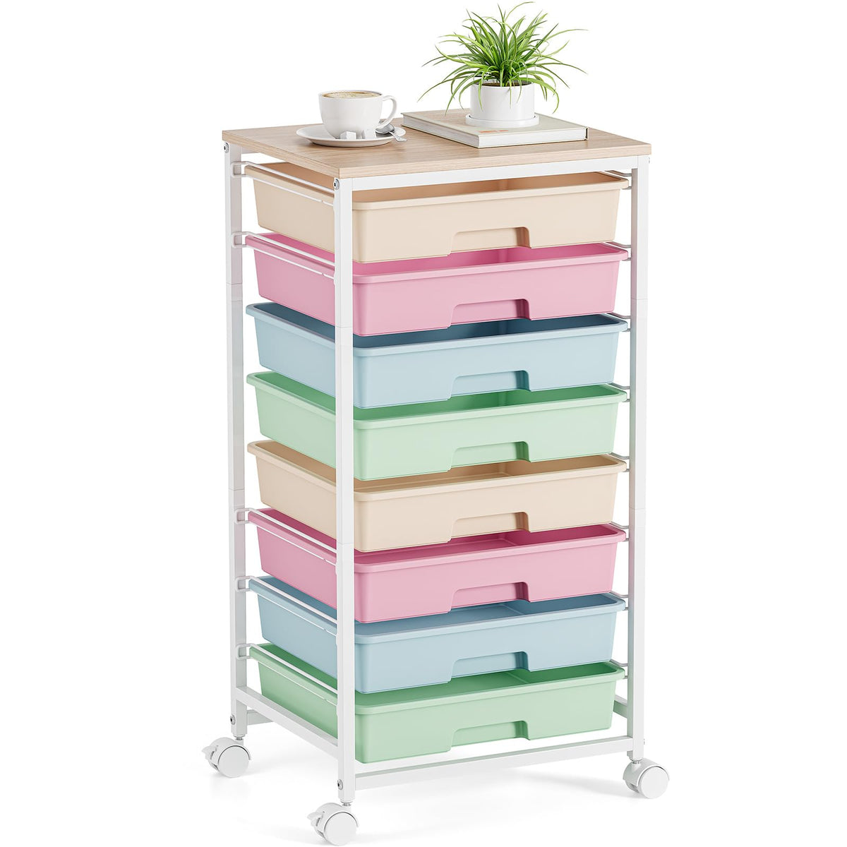 Rolling Storage Cart with 8 Drawers and Wooden Tabletop U403