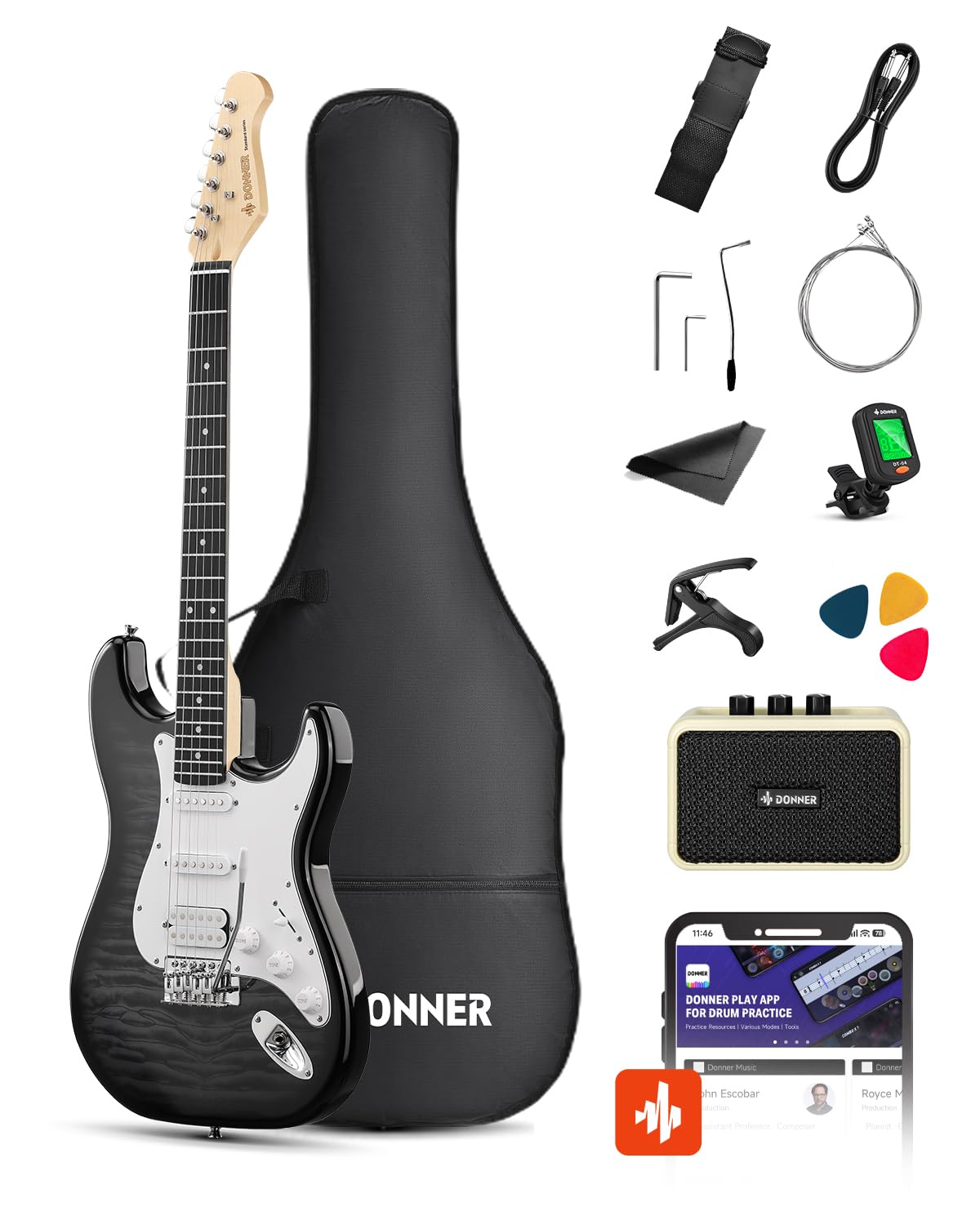 39" Beginner Electric Guitar Kit with Amp, Black Burst W529