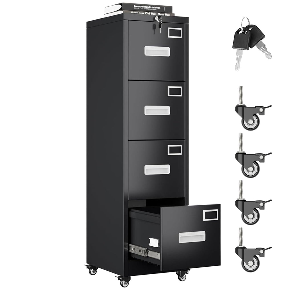 4 Drawer Black Metal File Cabinet with Lock and Wheels G620655
