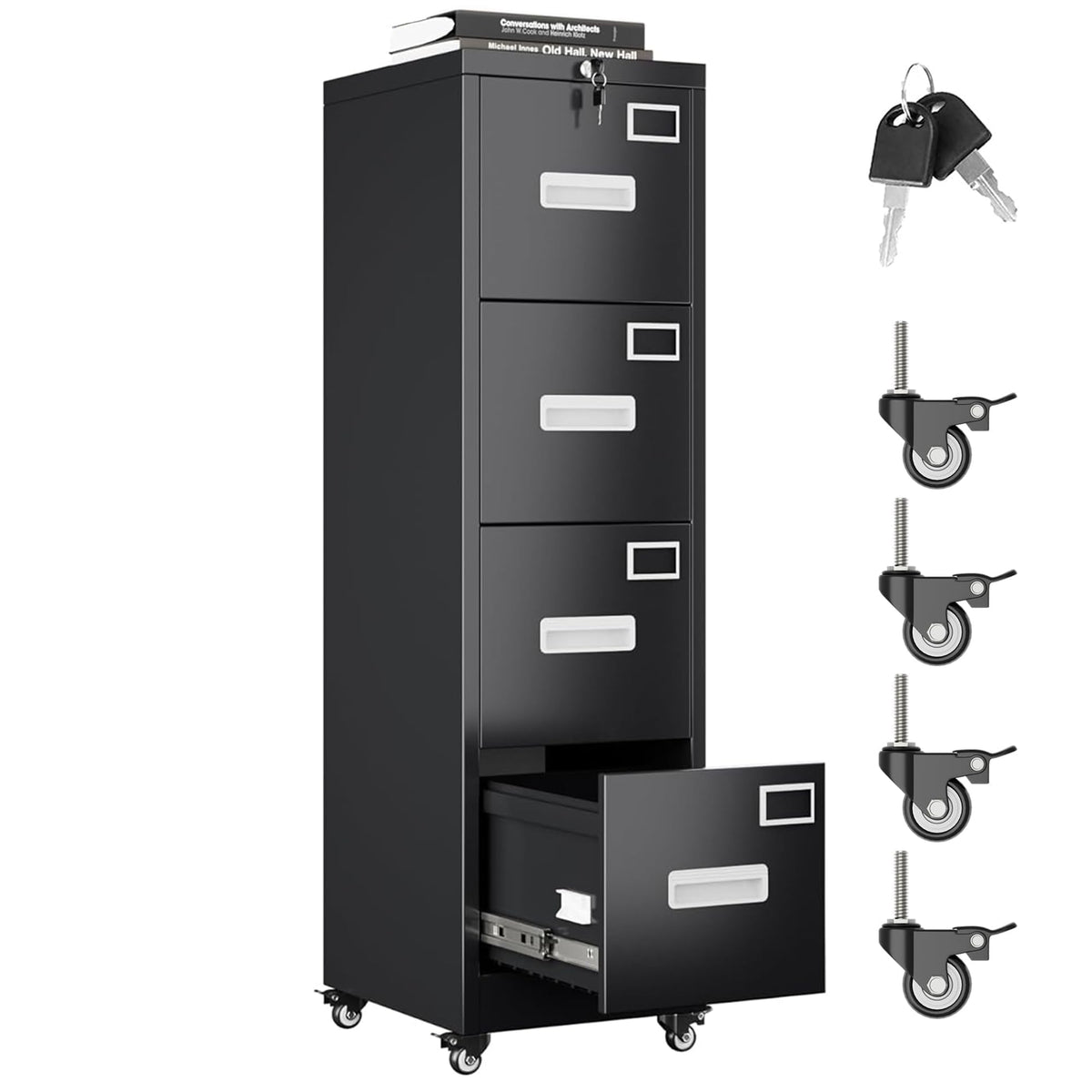 4 Drawer Black Metal File Cabinet with Lock and Wheels G620655