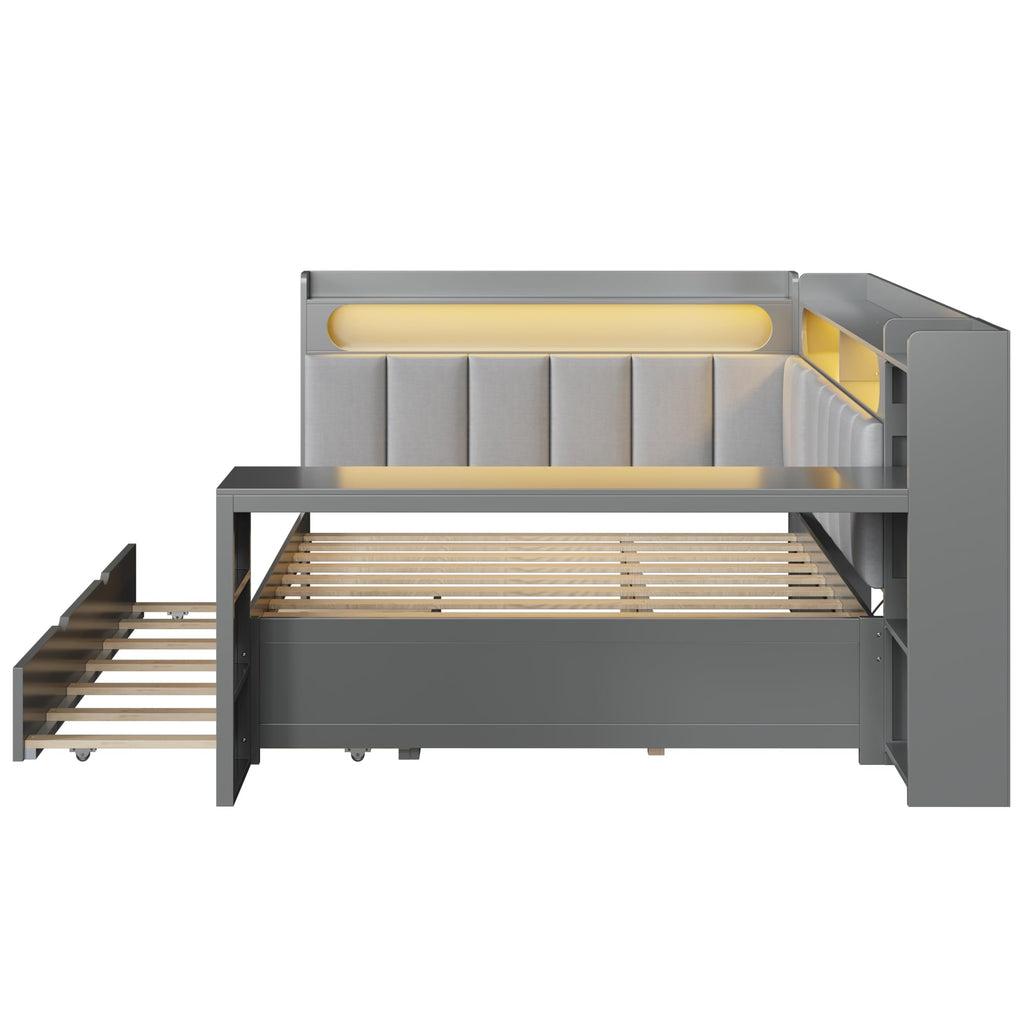 Grey Full Size L-Shaped Corner Bed with Trundle and Desk R53895