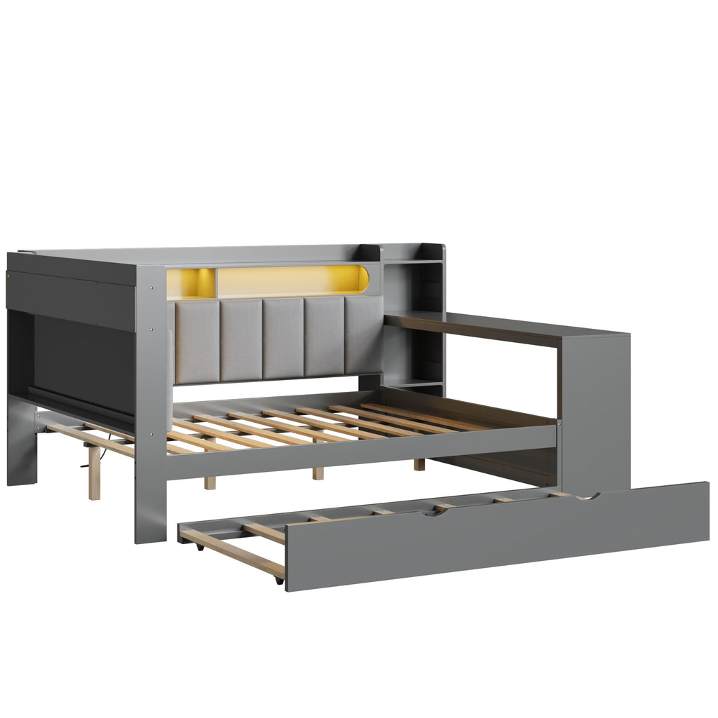 Grey Full Size L-Shaped Corner Bed with Trundle and Desk R53895