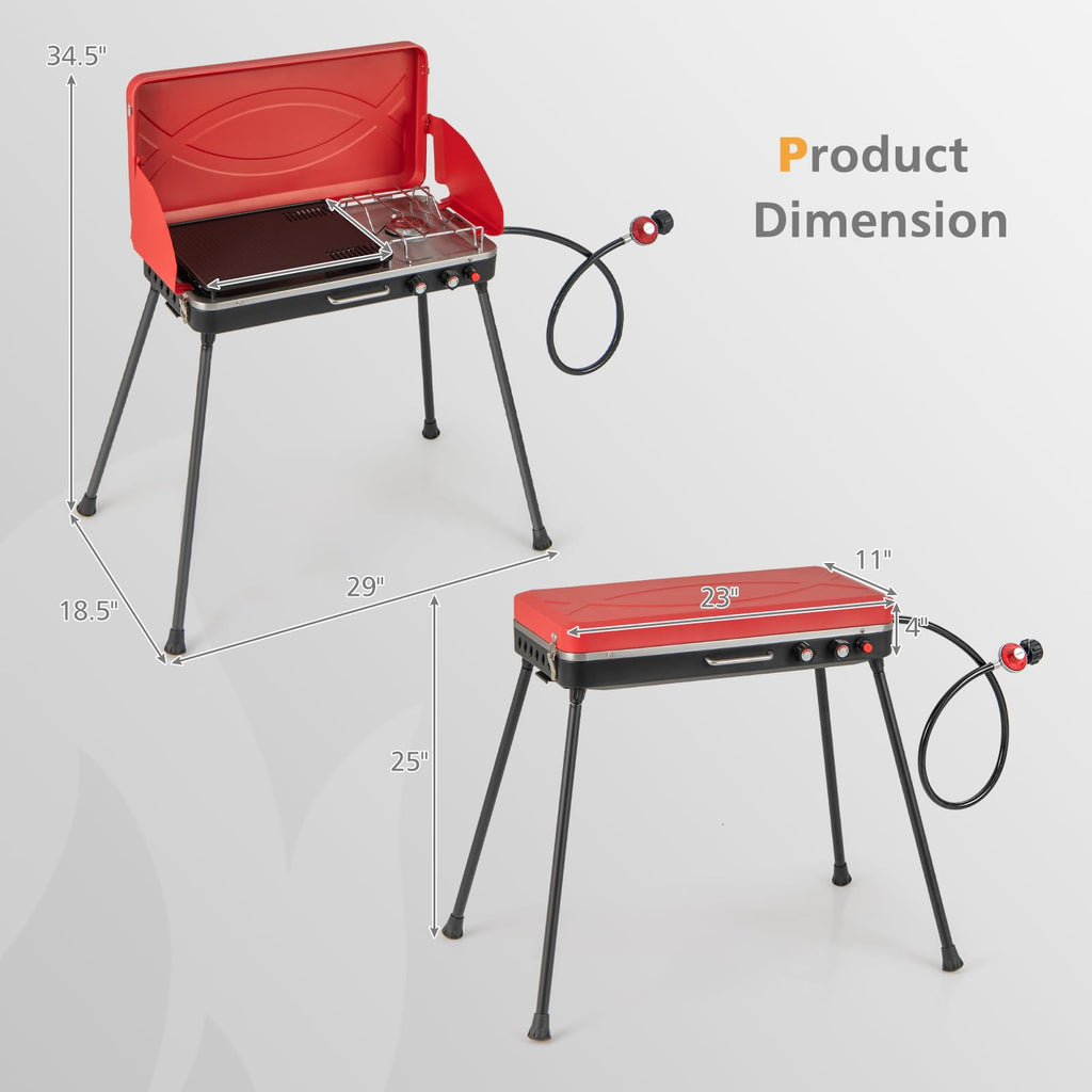 Portable Gas Grill 20000 BTU Camping Stove Burner with 2 Cooking Area Red Q69181