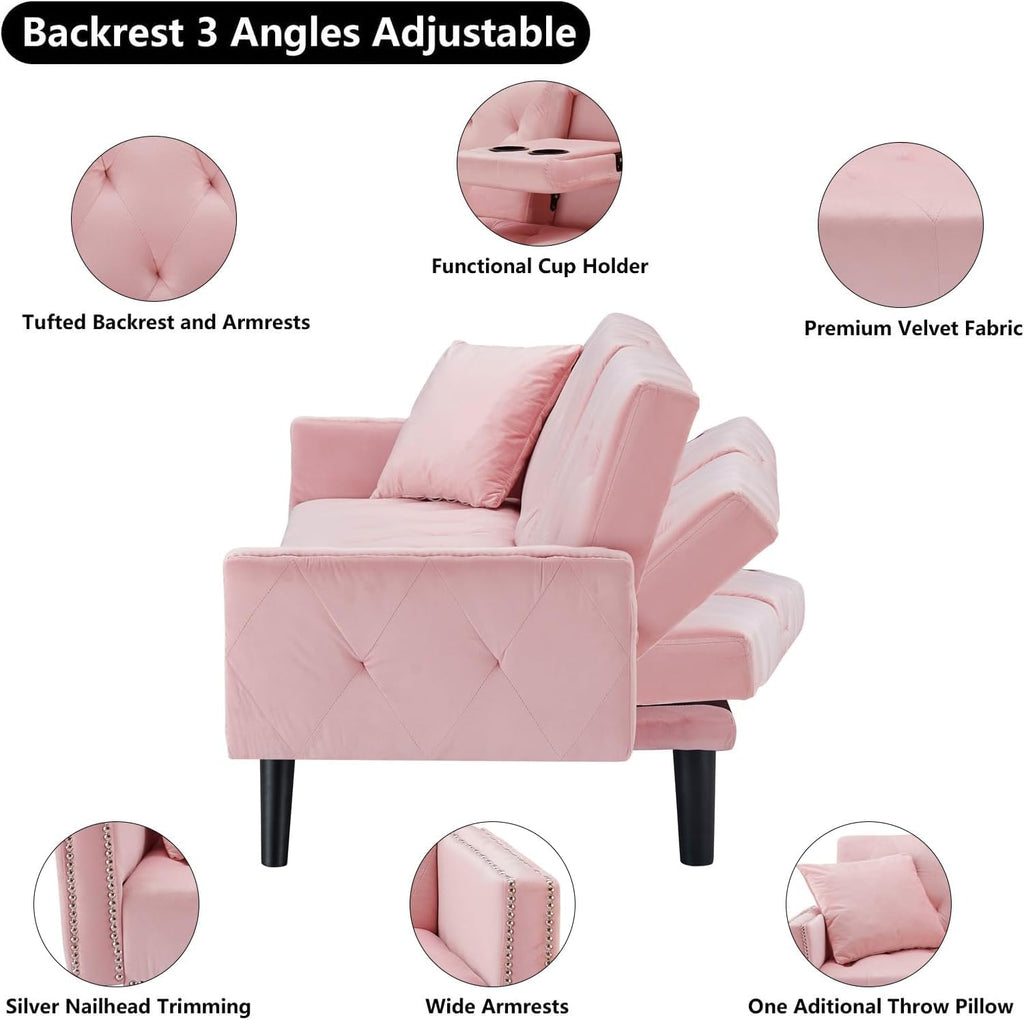 Pink Velvet Futon Couch Bed with Cup Holder T7158