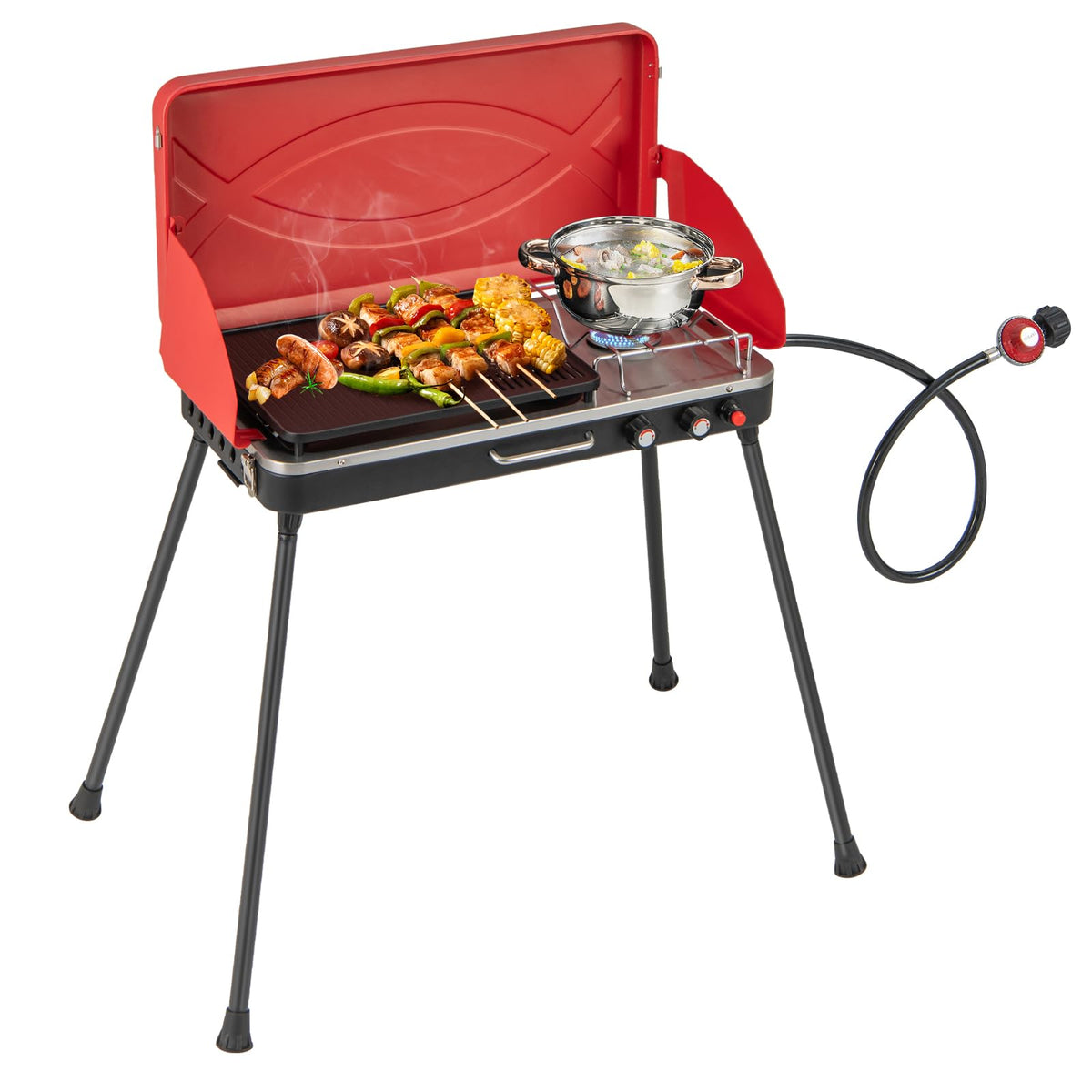 Portable Gas Grill 20000 BTU Camping Stove Burner with 2 Cooking Area Red Q69181