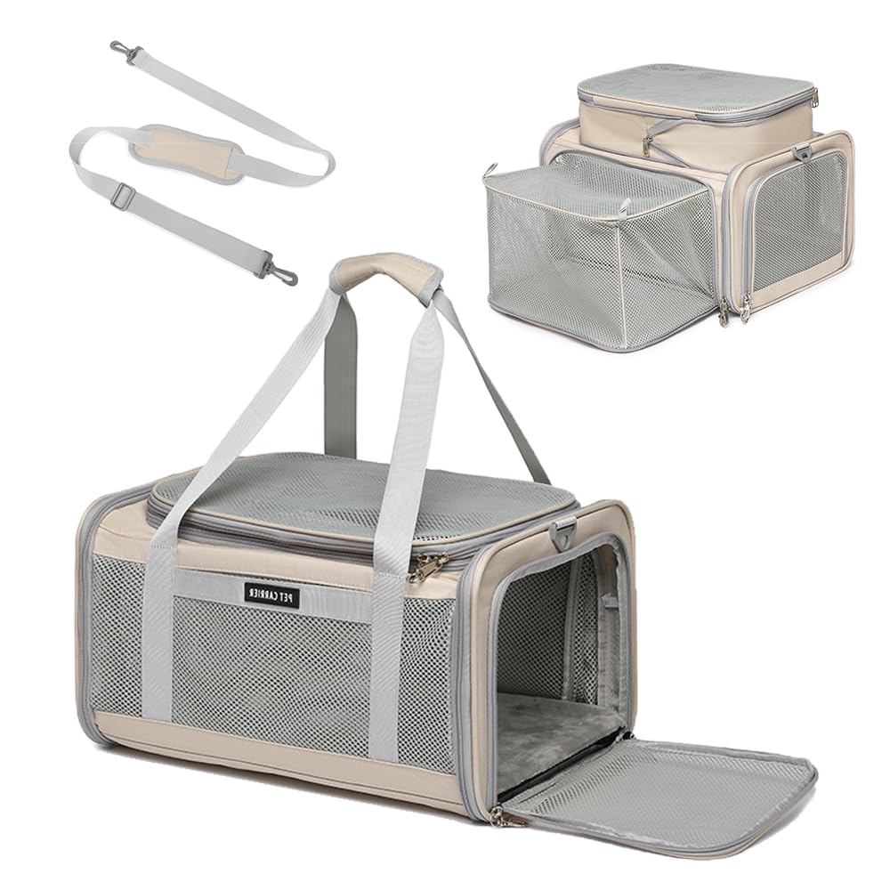Airline Approved Pet Carrier for Cats and Small Dogs up to 15 lbs, Breathable Mesh, Portable Travel Bag (Khaki, Expandable) V6948