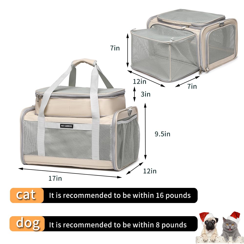 Airline Approved Pet Carrier for Cats and Small Dogs up to 15 lbs, Breathable Mesh, Portable Travel Bag (Khaki, Expandable) V6948