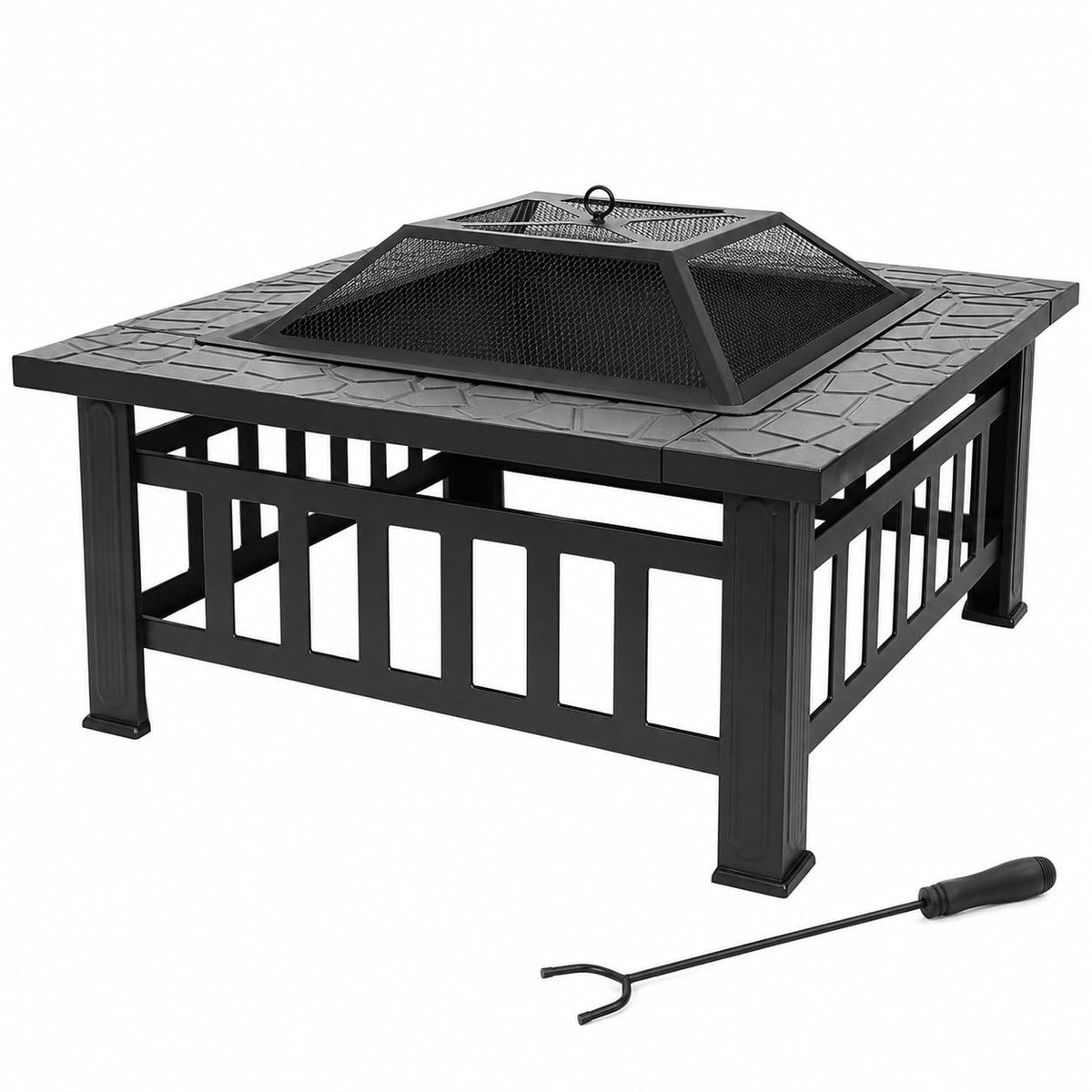32 Inch Square Metal Wood Burning Fire Pit with Spark Screen and Poker Z2548