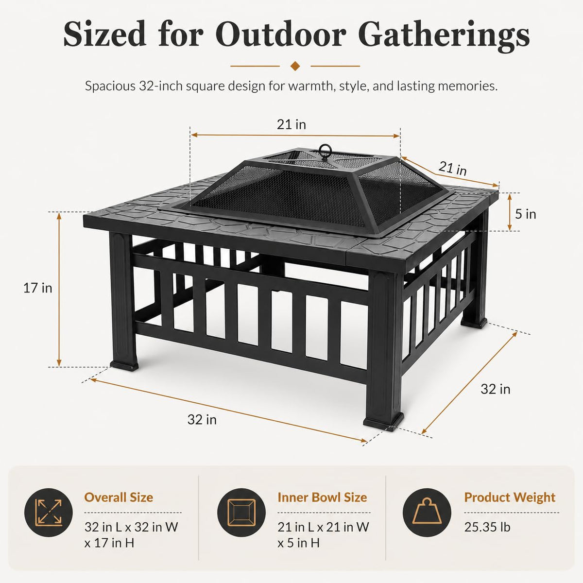 32 Inch Square Metal Wood Burning Fire Pit with Spark Screen and Poker Z2548