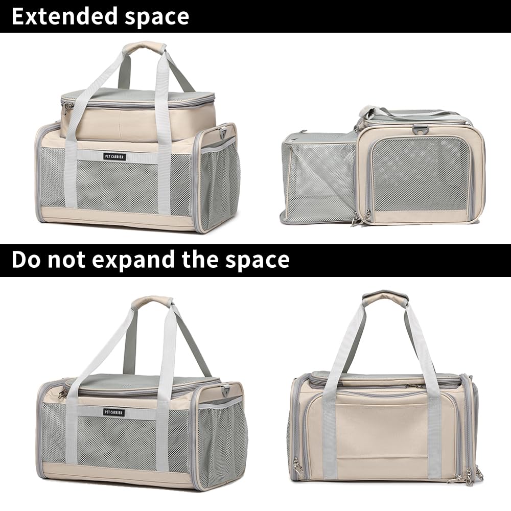 Airline Approved Pet Carrier for Cats and Small Dogs up to 15 lbs, Breathable Mesh, Portable Travel Bag (Khaki, Expandable) V6948