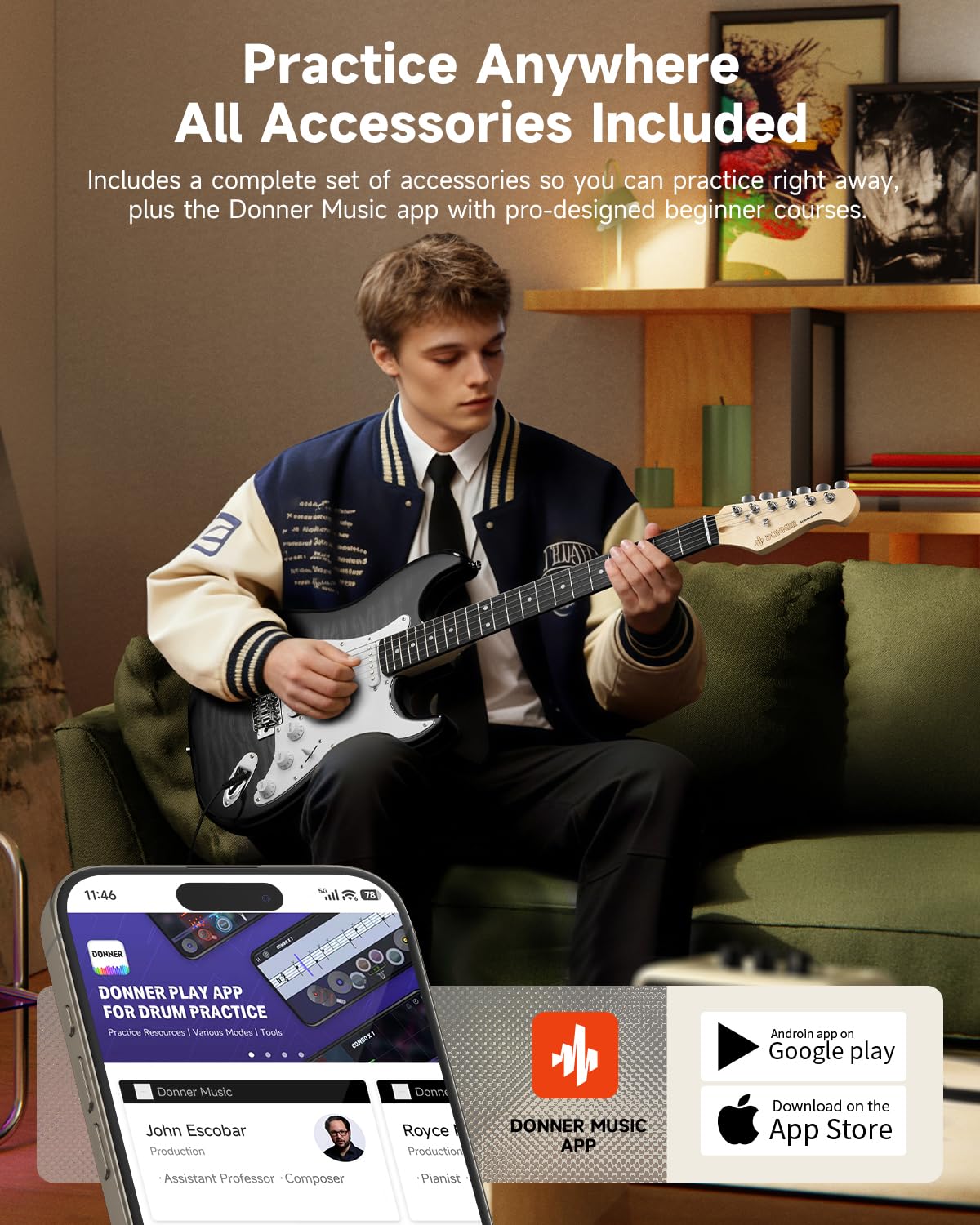 39" Beginner Electric Guitar Kit with Amp, Black Burst W529