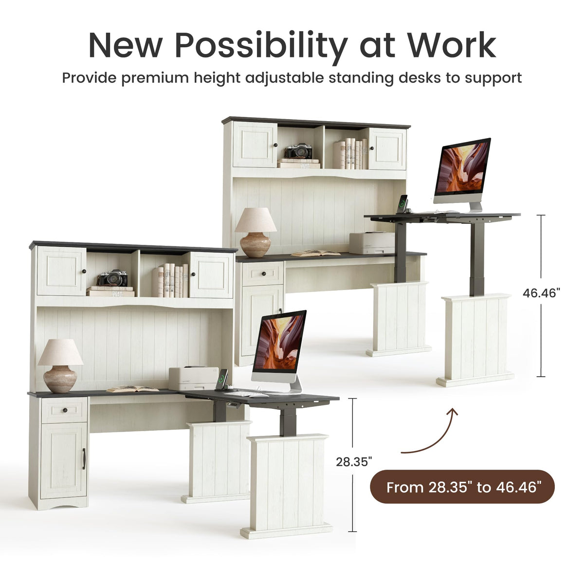L Shaped Electric Standing Desk with Hutch and Drawers L6768