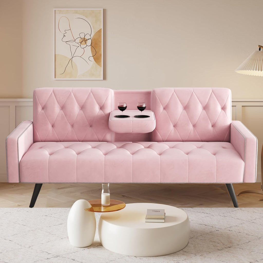 Pink Velvet Futon Couch Bed with Cup Holder T7158