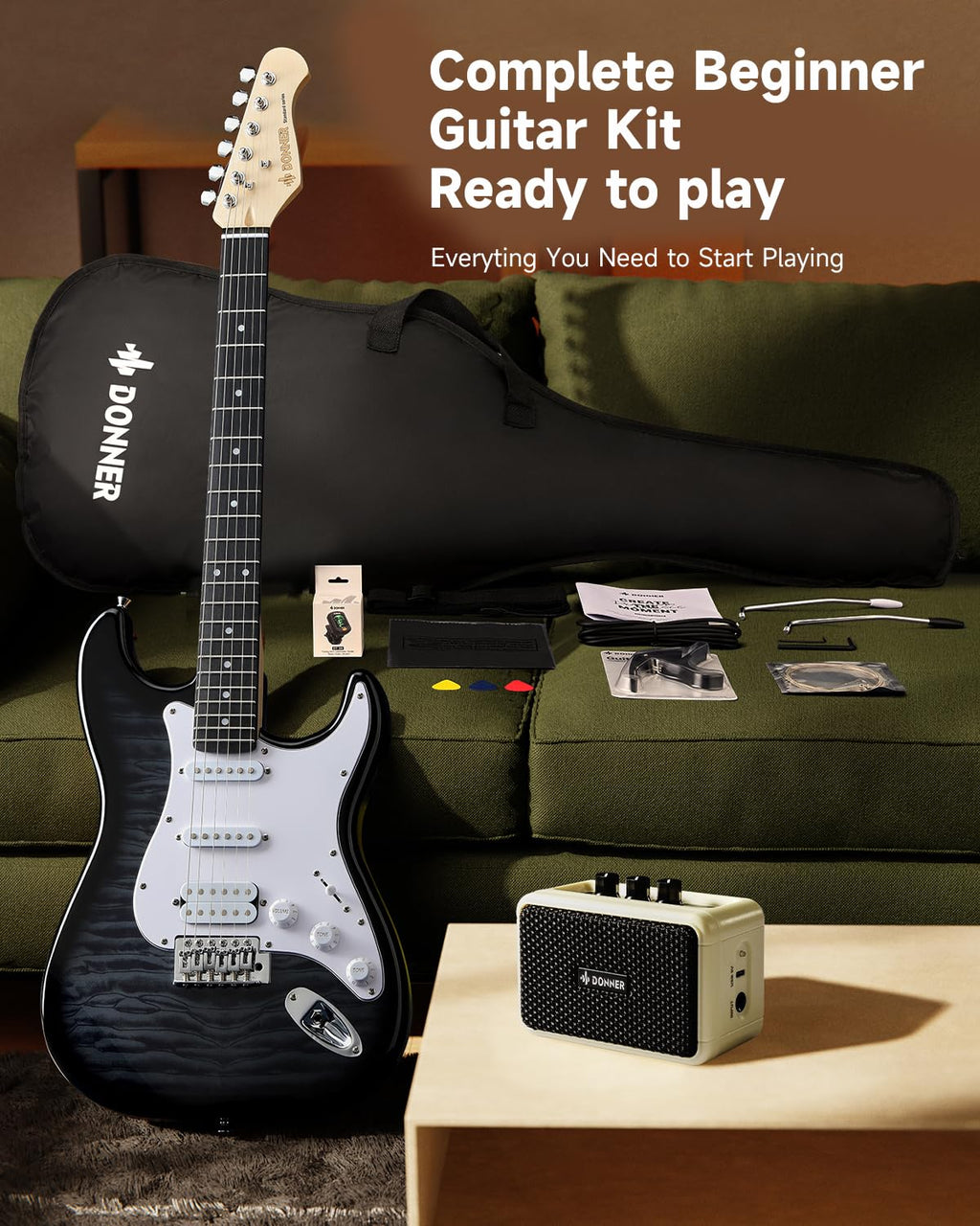 39" Beginner Electric Guitar Kit with Amp, Black Burst W529