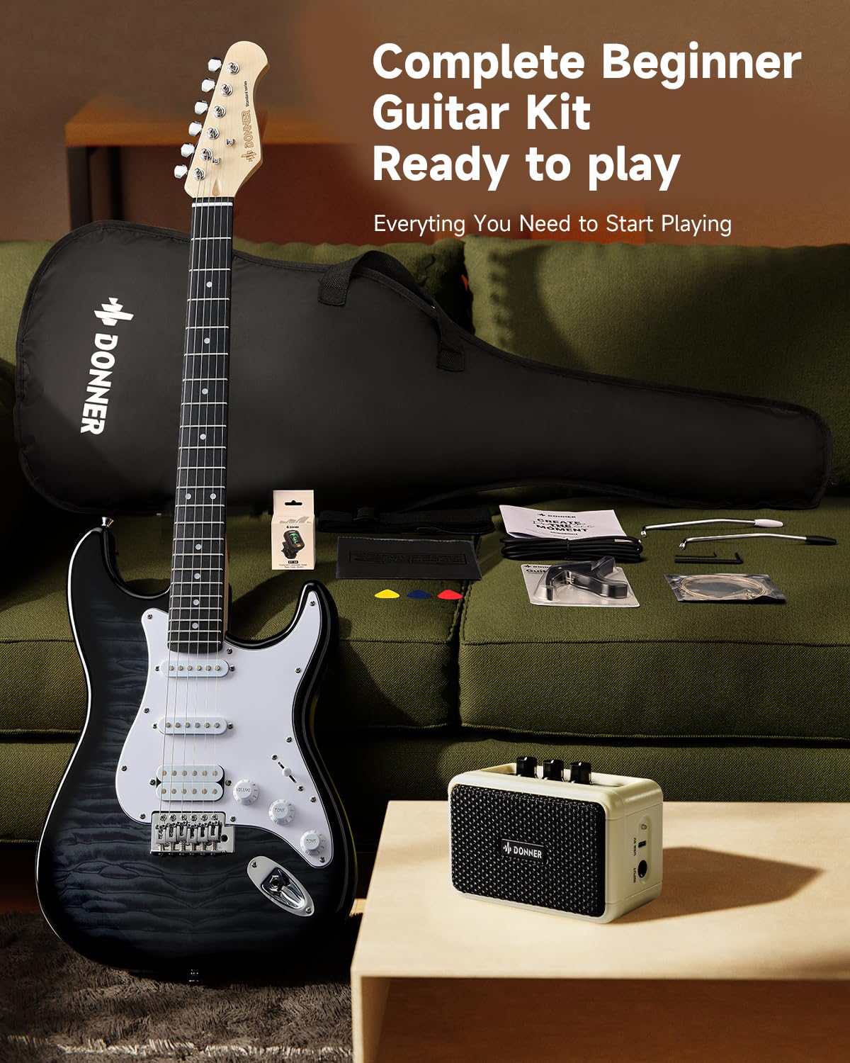 39" Beginner Electric Guitar Kit with Amp, Black Burst W529