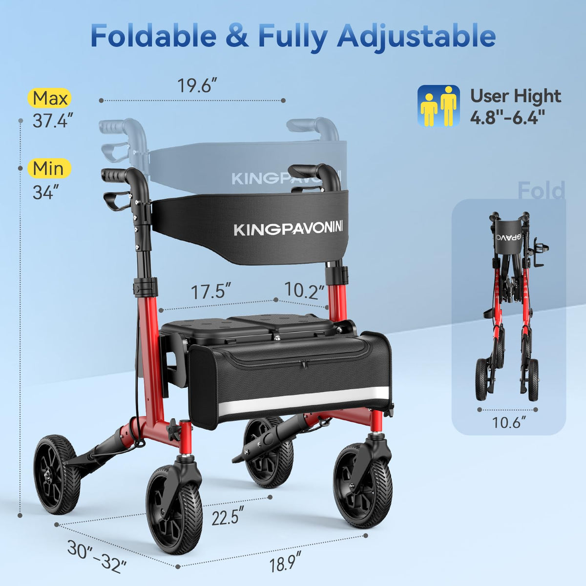 Foldable Rollator Walker with Seat, 380 lbs, Red O715