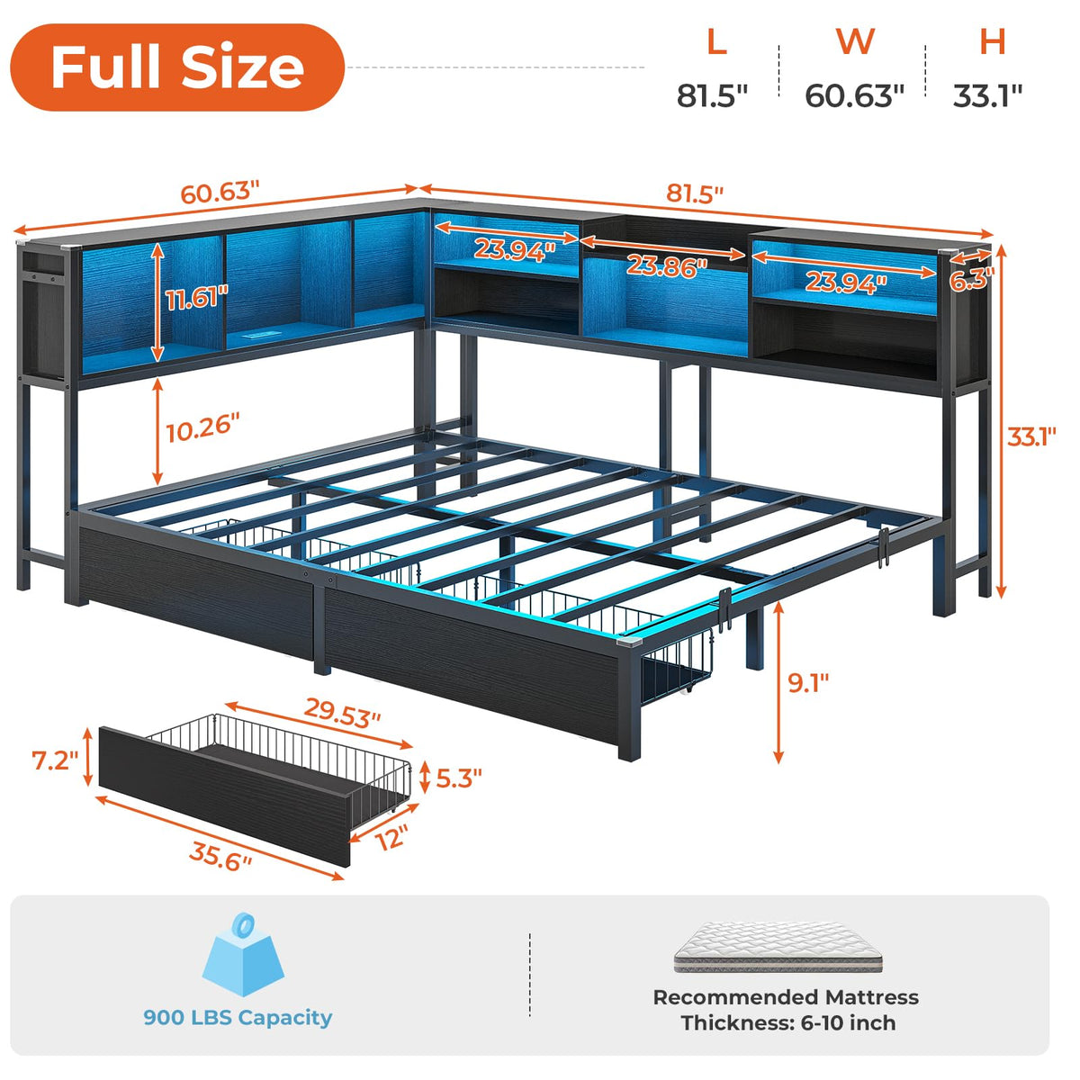 Full Corner Bed Frame with Storage Bookcase and 2 Drawers, Black B466454