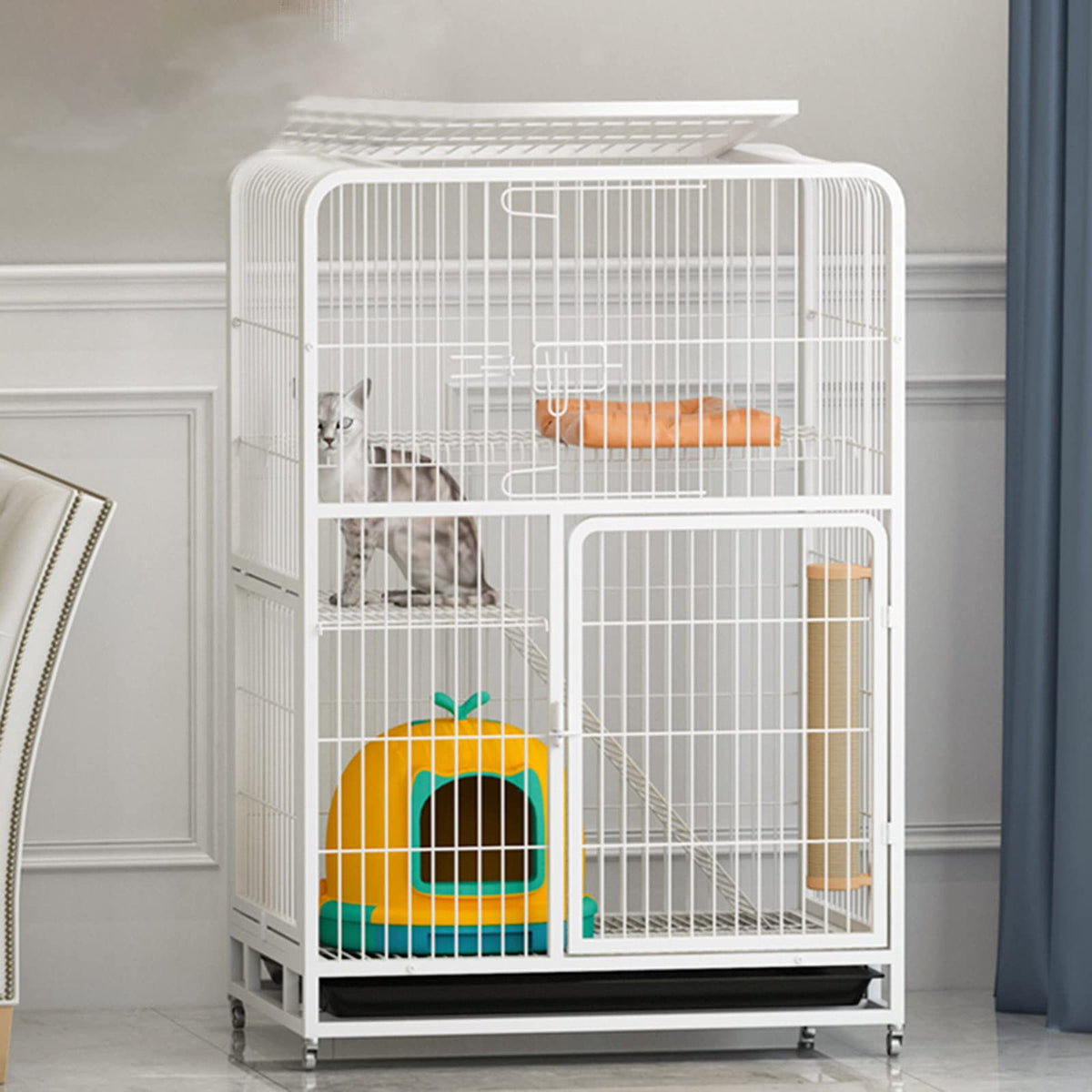 Large 3-Tier Metal Wire Cat Cage with Hammock and Casters A515