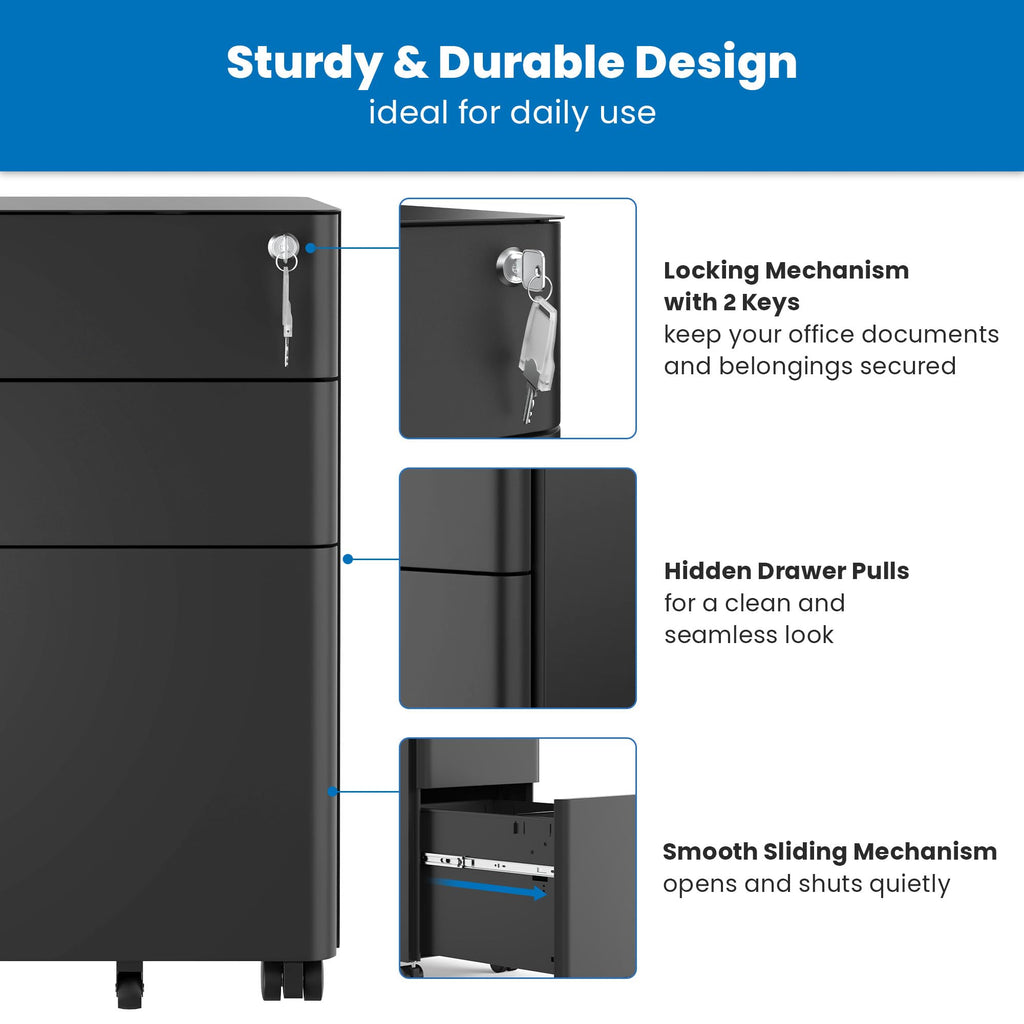 Black 3 Drawer Rolling File Cabinet with Lock V977460