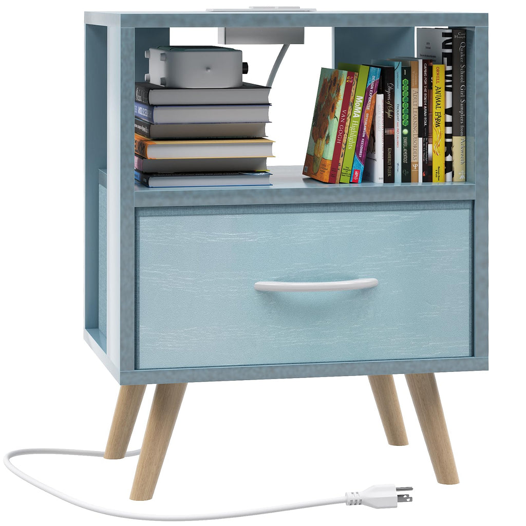 Blue Nightstand with Charging Station, 2-Tier Wooden Bedside Table O940518