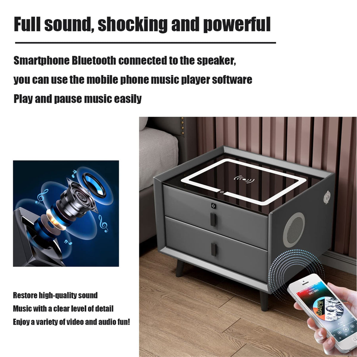 LED Nightstand with Bluetooth Speaker, Wireless Charging, 3 Colors LED Lights, USB & Type-C Port, 2/3 Drawers, Fingerprint Lock K481556