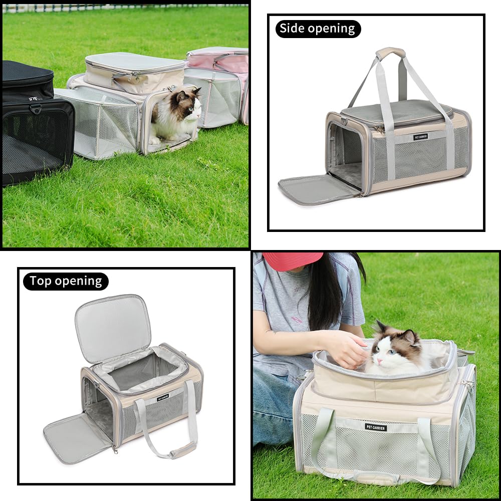 Airline Approved Pet Carrier for Cats and Small Dogs up to 15 lbs, Breathable Mesh, Portable Travel Bag (Khaki, Expandable) V6948