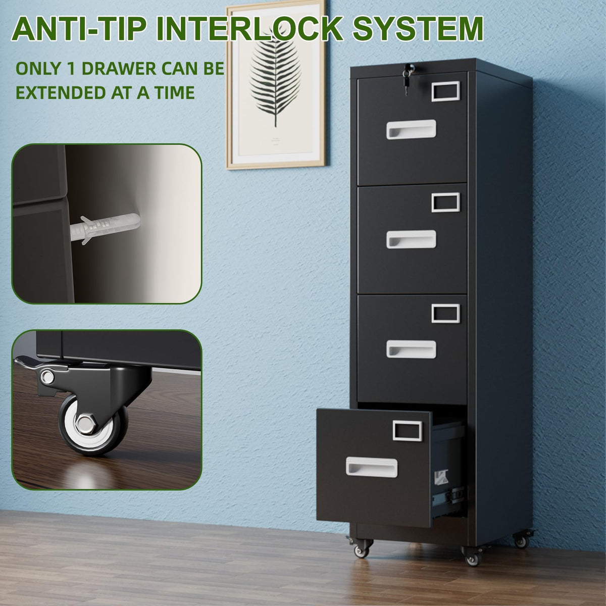 4 Drawer Black Metal File Cabinet with Lock and Wheels G620655