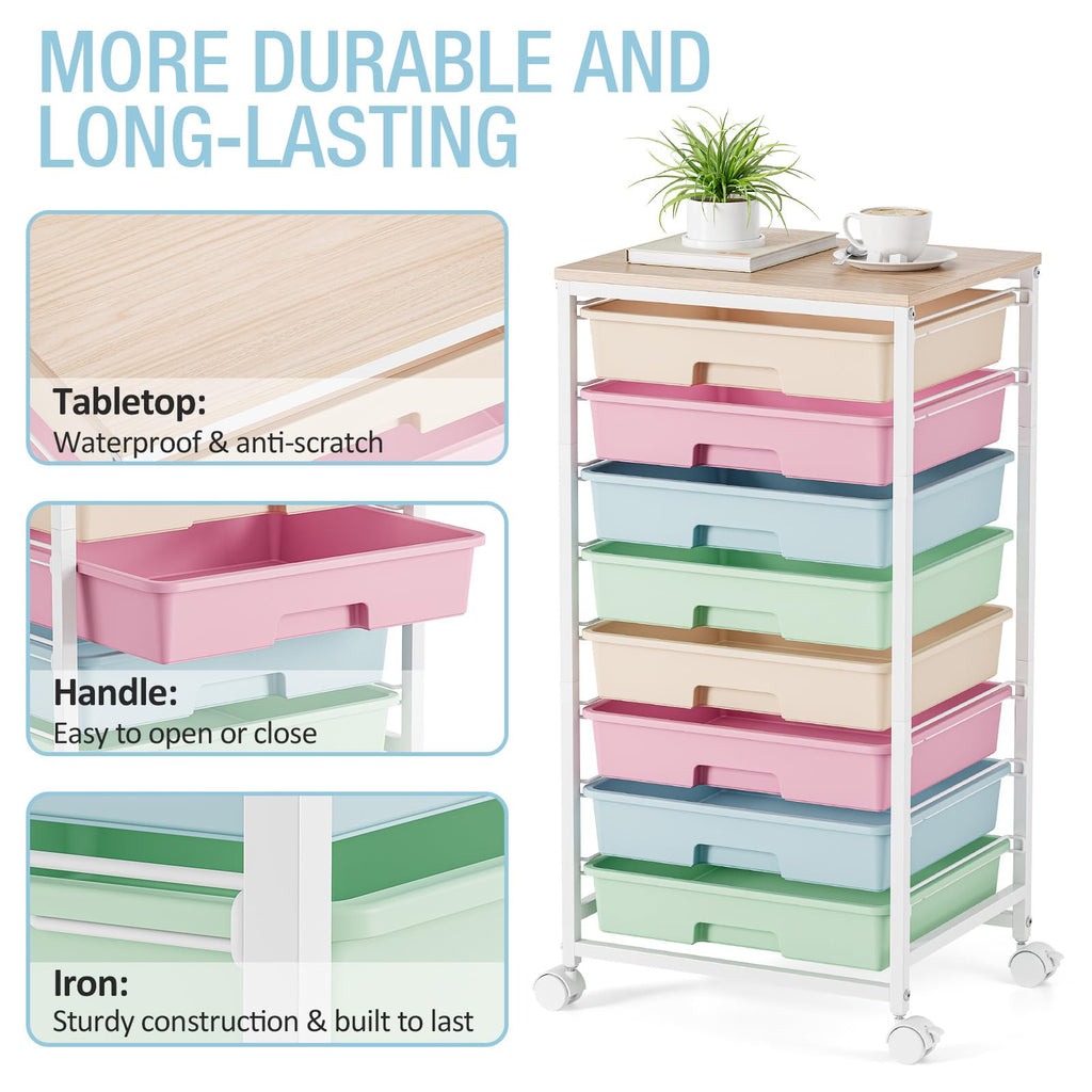 Rolling Storage Cart with 8 Drawers and Wooden Tabletop U403