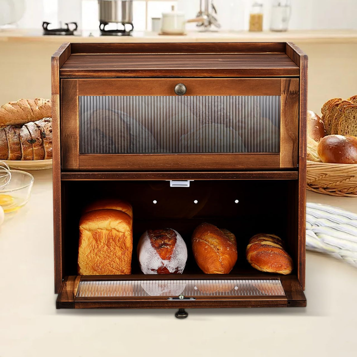 Wooden Bread Box 2 Tier Countertop Storage Organizer I8065