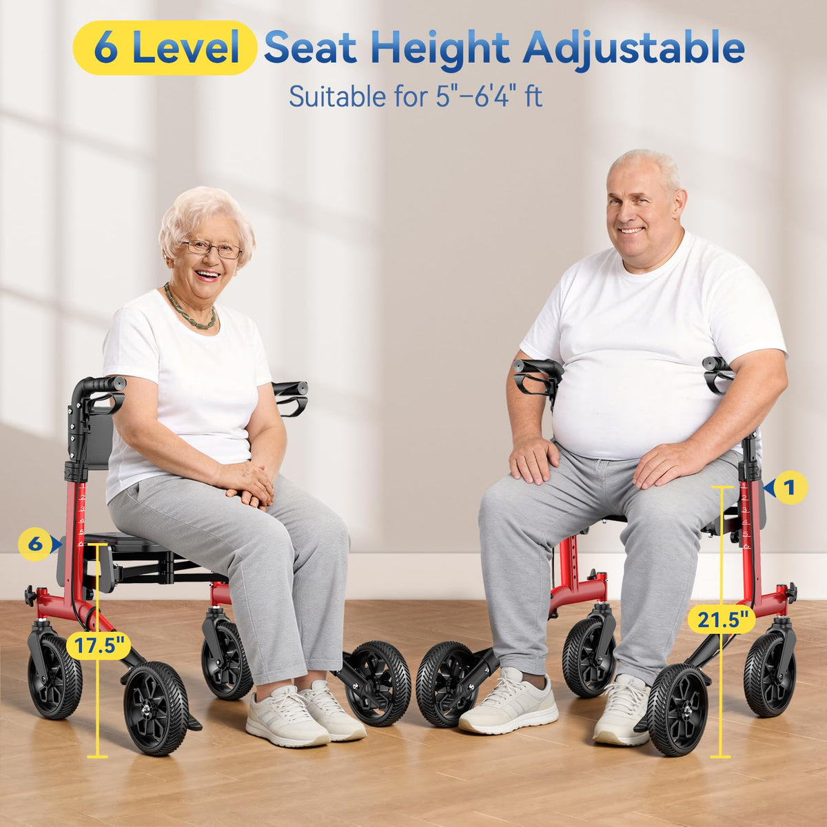 Foldable Rollator Walker with Seat, 380 lbs, Red O715