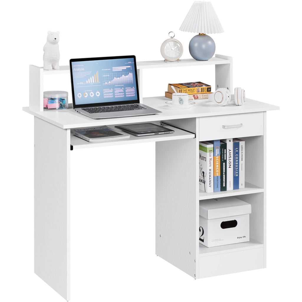 White Computer Desk with Keyboard Tray, Drawers, and Shelves W50329