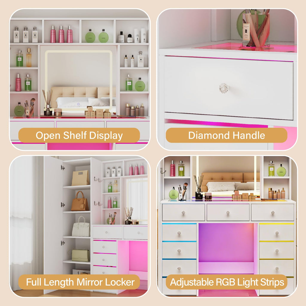 Vanity Desk with LED Mirror, 11 Drawers E138