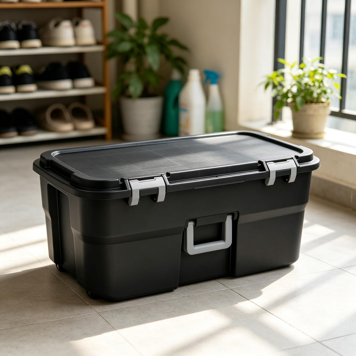 Black 22 Gallon Wheeled Plastic Storage Trunk Z7494