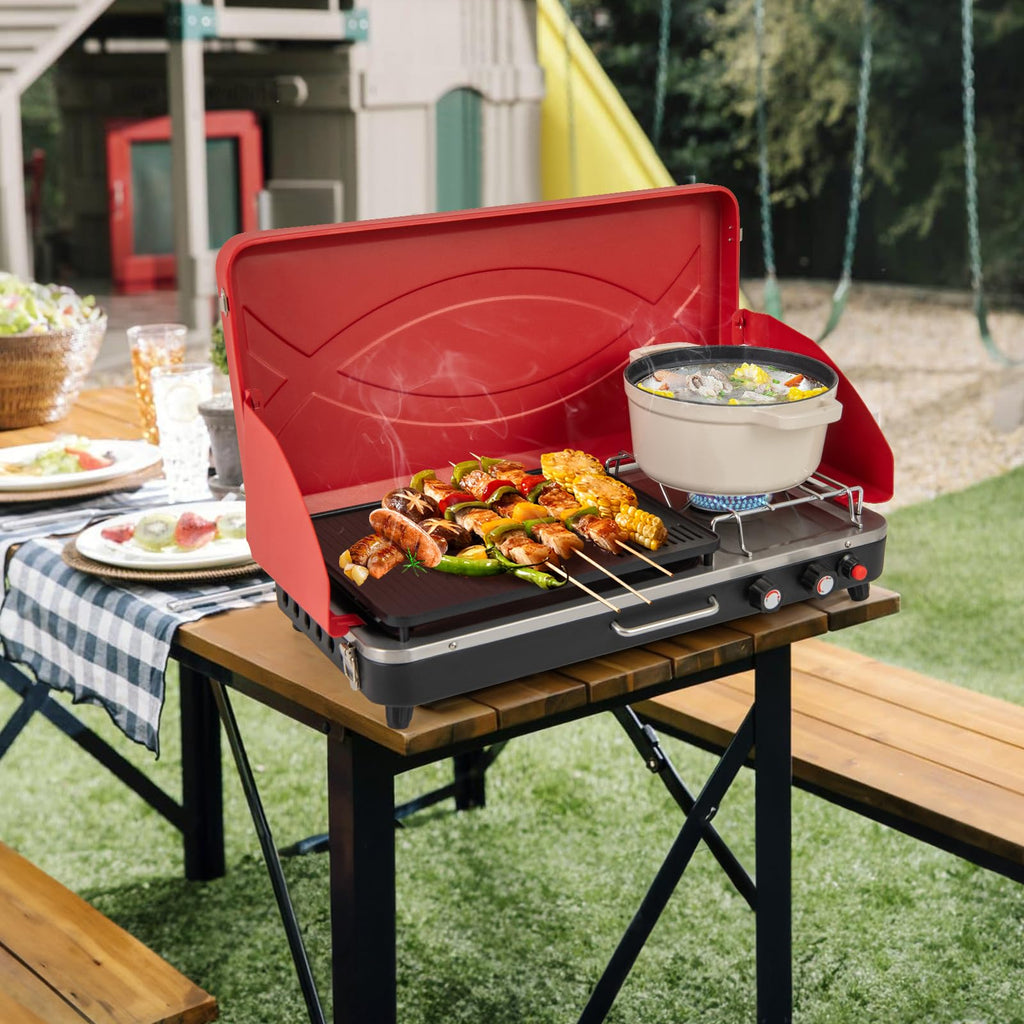 Portable Gas Grill 20000 BTU Camping Stove Burner with 2 Cooking Area Red Q69181