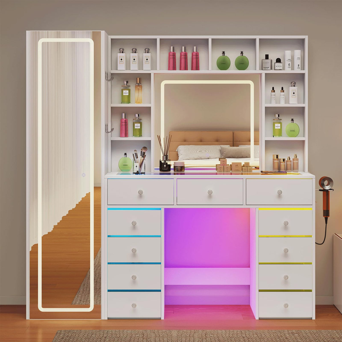 Vanity Desk with LED Mirror, 11 Drawers E138