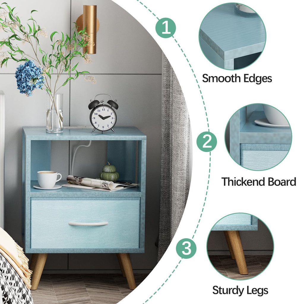 Blue Nightstand with Charging Station, 2-Tier Wooden Bedside Table O940518