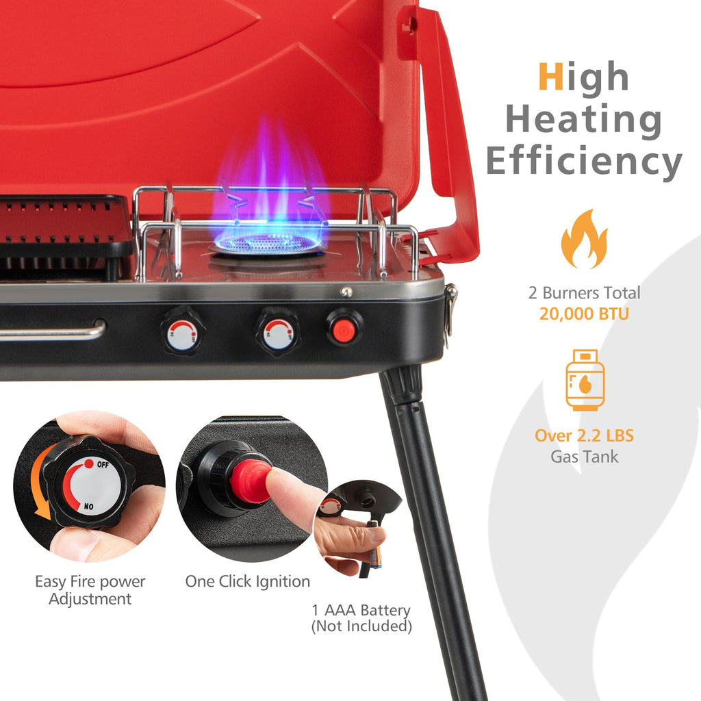 Portable Gas Grill 20000 BTU Camping Stove Burner with 2 Cooking Area Red Q69181