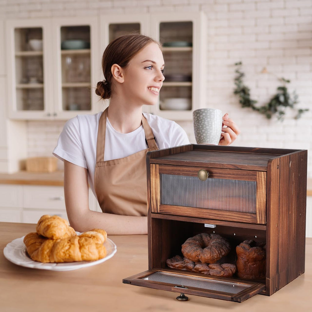 Wooden Bread Box 2 Tier Countertop Storage Organizer I8065