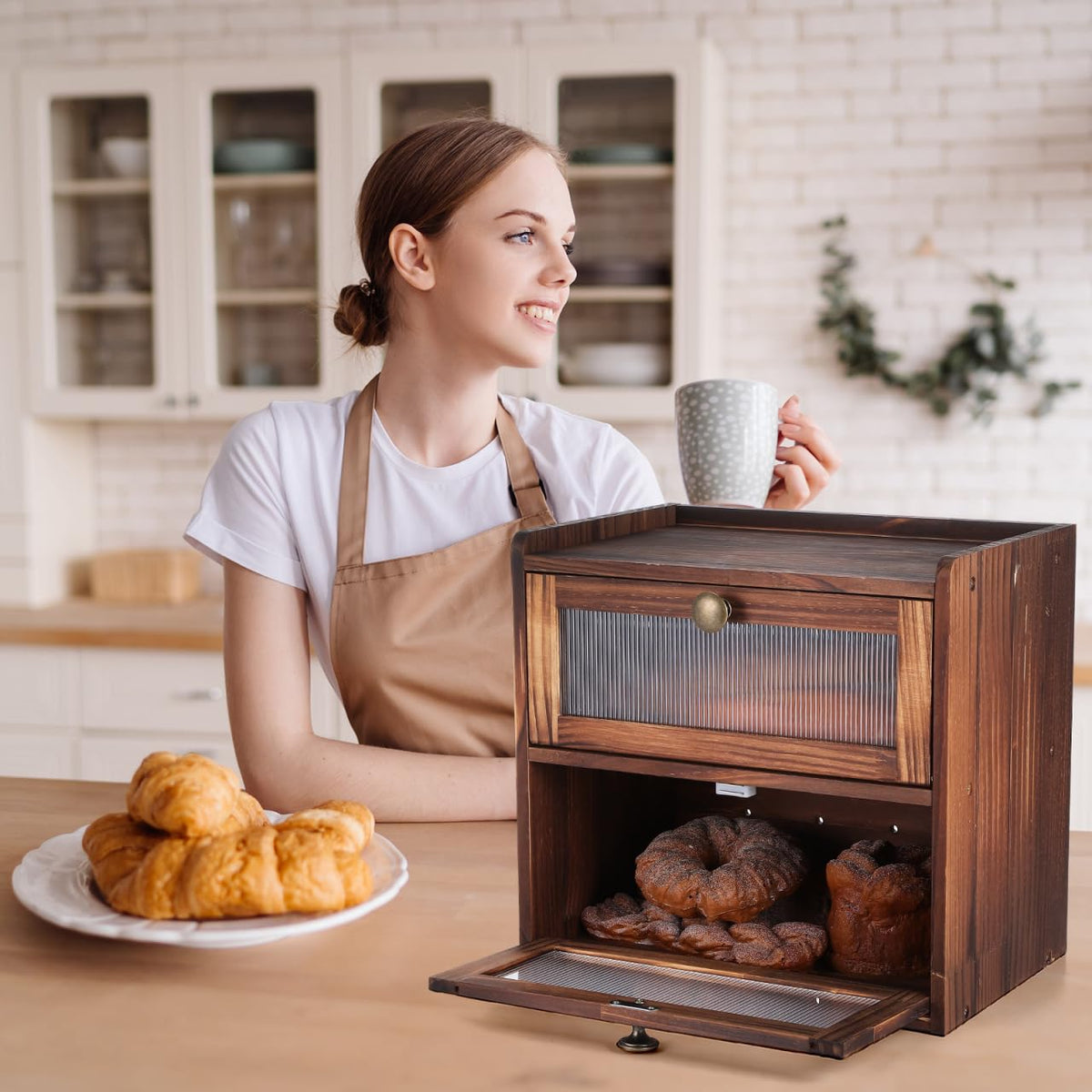 Wooden Bread Box 2 Tier Countertop Storage Organizer I8065