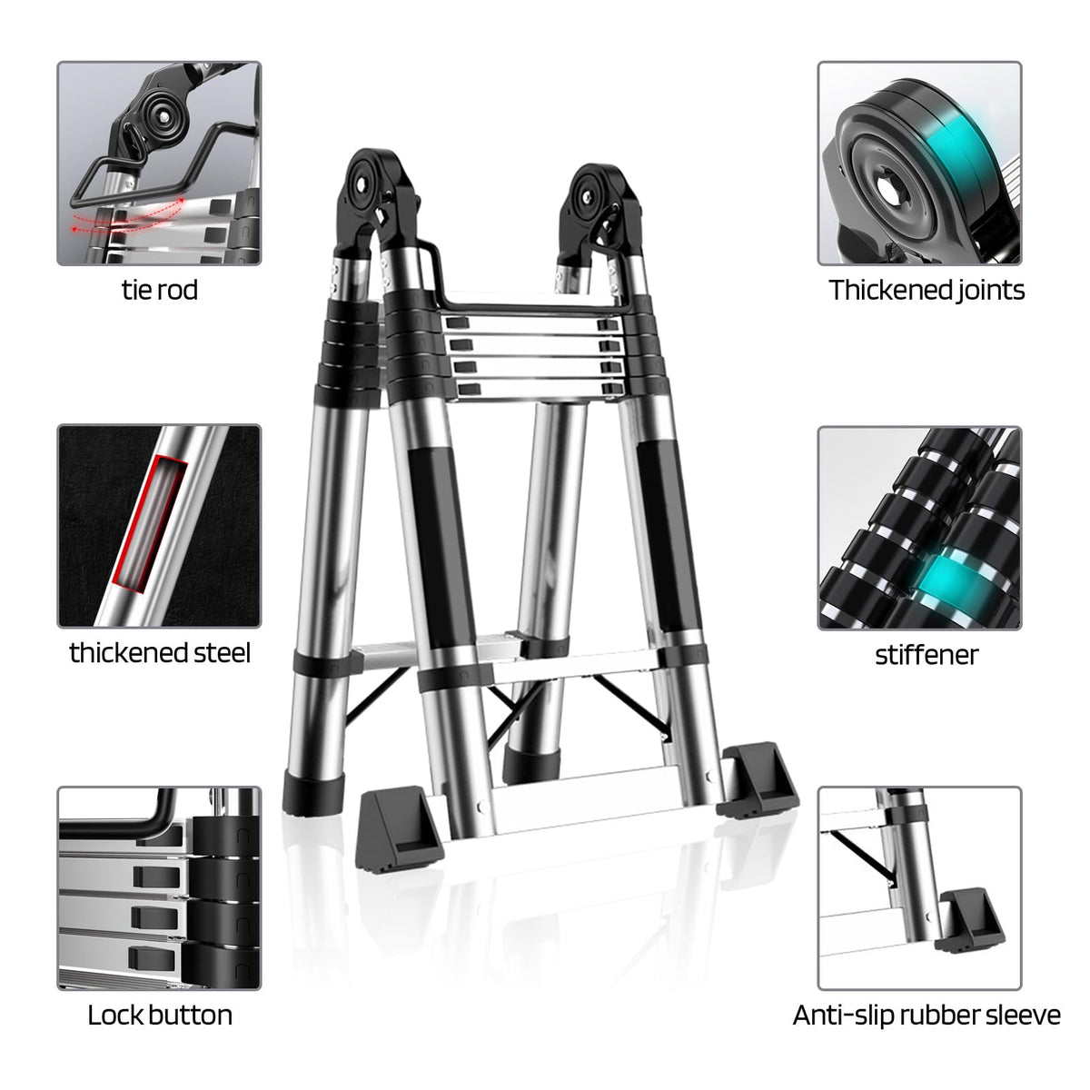 Telescoping Ladder with Locking Mechanism, Heavy Duty Aluminum 330 lbs H610